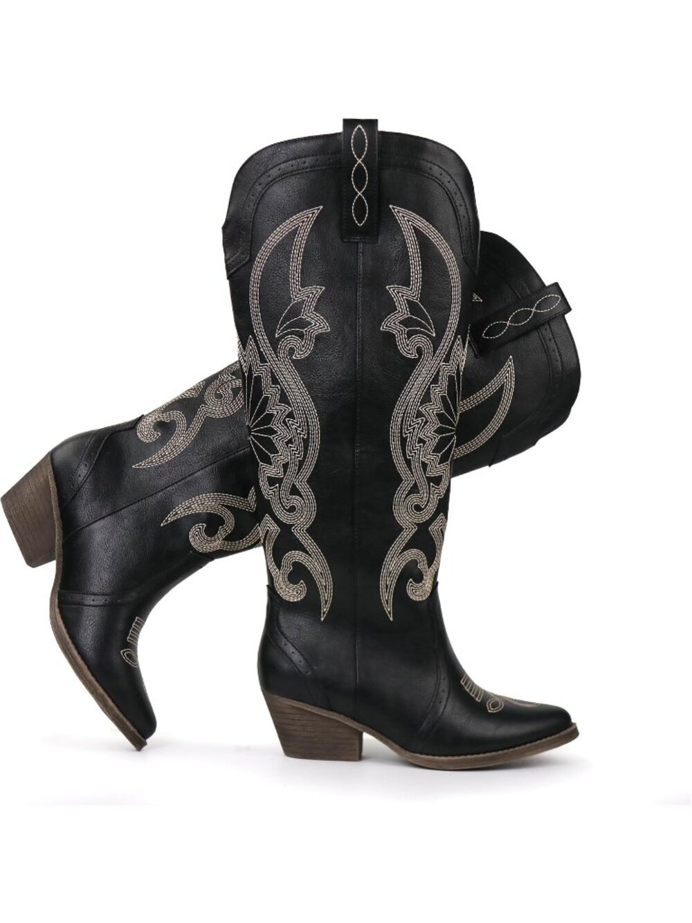 Women’s Black Knee High Cowboy Boots Pointed Toe Embroidered Block Heel
